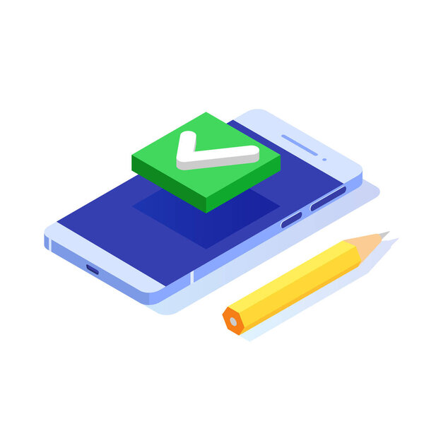 Изометрическая коробка. Уведомление с чеком или тиком. Векторная иллюстрация.