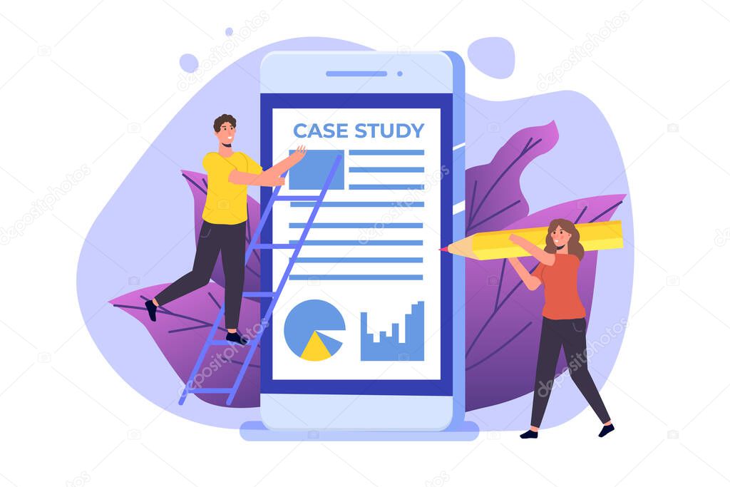 Case study concept with tiny character. Flat style vector illustration