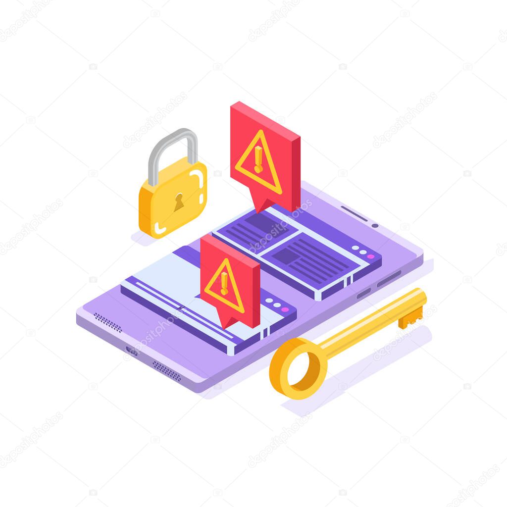 Web ban bypass, Internet censorship bypassing. Content control blocking, filtering offensive chats messaging. Vector isometric illustration. 