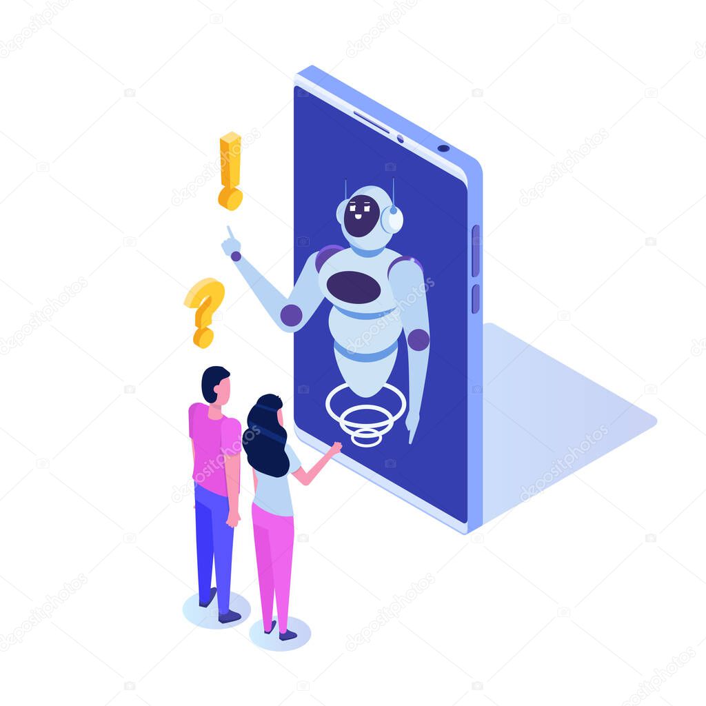 Chat bot, artificial intelligence isometric. Business AI and  IOT concept. Vector illustration.