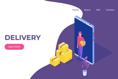 Hızlı dağıtım düz izometrik konsept. Kurye paketle kalıyor. Vektör illüstrasyonu.