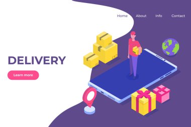 Hızlı dağıtım düz izometrik konsept. Kurye paketle kalıyor. Vektör illüstrasyonu.