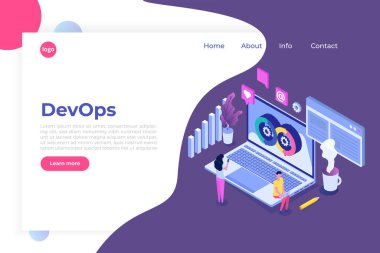  Devops konsepti. Uygulama geliştirme, bina. API prototip, programlama ve test. Isometric Vektör illüstrasyonu