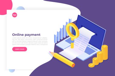 Dijital fatura, elektronik fatura ya da fatura vektör gösterimi izometrik. İnternetten alışveriş.