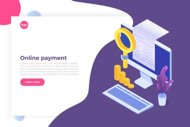 Dijital fatura, elektronik fatura ya da fatura vektör gösterimi izometrik. Masaüstünde online alışveriş.  