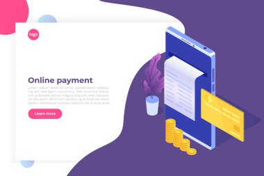 Dijital fatura, elektronik fatura ya da fatura vektör gösterimi izometrik. Akıllı telefondan online alışveriş.  