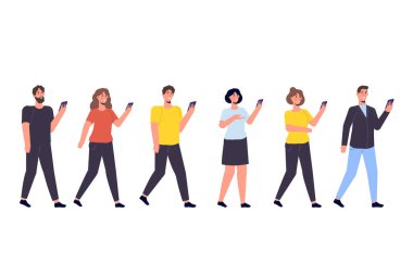 Farklı odak grubu kavramları. Elinde akıllı telefon olan insanlar. Vektör illüstrasyonu