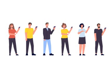 Farklı odak grubu kavramları. Elinde akıllı telefon olan insanlar. Vektör illüstrasyonu