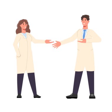 Doktor diğer doktorla konuşuyor. Vektör illüstrasyon düz tasarım biçimi.