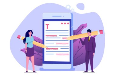 Düzenlenebilir çevrimiçi belge. Yaratıcı yazarlık, hikaye anlatma, metin yazma. Çevrimiçi eğitim, uzaktan öğrenme kavramı. Vektör illüstrasyonu.