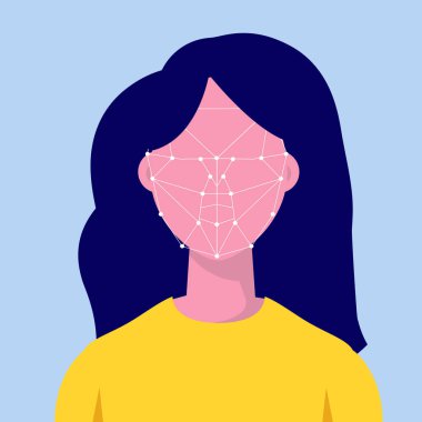 Biyometrik tanımlama, yüz tanıma sistemi konsepti. Vektör illüstrasyonu.