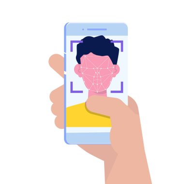 Biyometrik tanımlama, yüz tanıma sistemi konsepti. Akıllı telefon elindeydi. Vektör illüstrasyonu.