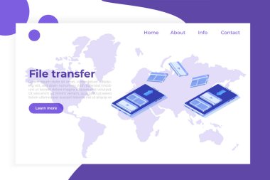 Akıllı telefon izometrik konseptiyle dosya transferi. Senkronizasyon, Bulut teknolojisi. Vektör illüstrasyonu