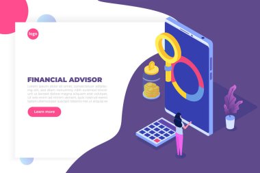 Finansal danışman ya da karakterli idari izometrik konsept. Kahraman görüntüleri. Vektör illüstrasyonu beyaz arkaplanda izole edildi.