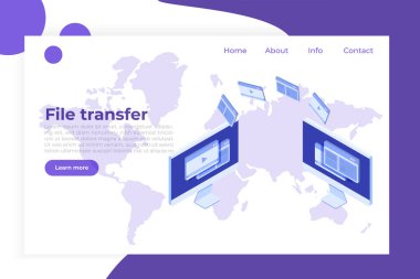 Masaüstü izometrik konseptinde dosya transferi. Senkronizasyon, Bulut teknolojisi. Vektör illüstrasyonu