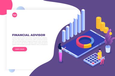 Finansal danışman ya da karakterli idari izometrik konsept. Kahraman görüntüleri. Vektör illüstrasyonu beyaz arkaplanda izole edildi.