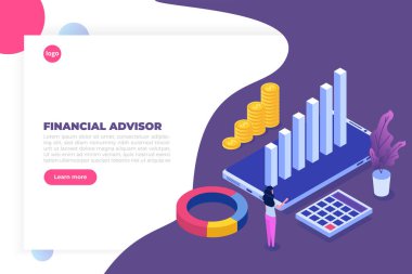 Finansal danışman ya da karakterli idari izometrik konsept. Kahraman görüntüleri. Vektör illüstrasyonu beyaz arkaplanda izole edildi.