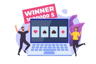 Piyango ya da Bingo, kumar işi konsepti. Minik şarapçılar. Vektör illüstrasyonu.