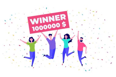 People holding giant check. Winning  ticket. You are winner.  Bib win lottery. Vector illustration clipart