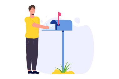 Posta kutusundan posta alan adam. Vektör İllüstrasyonu