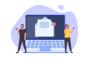 Kadın ve erkek akıllı telefondan posta alıyor. Vektör İllüstrasyonu