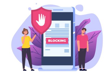 Yasak internet içeriği, internet engelleme kavramı. Reklam engelleme yazılımı. Vektör illüstrasyonu