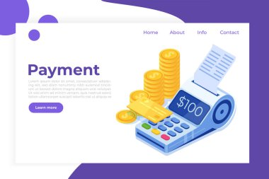 İnternet bankacılığı, dijital mobil ödemeler, Isometric pos terminal izometrik konsept. Vektör illüstrasyonu