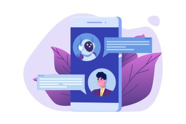 Chatbot konsepti. Adam robotla konuşuyor. Müşteri desteği androidi, Yapay Zeka Penceresi . 
