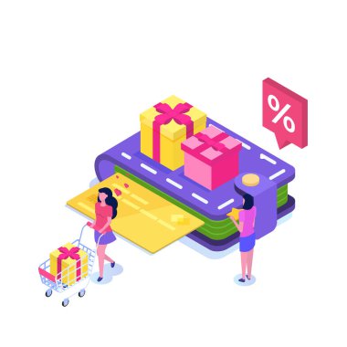 İndirim, sadakat kartı programı ve müşteri hizmetleri. Vektör izometrik illüstrasyon.