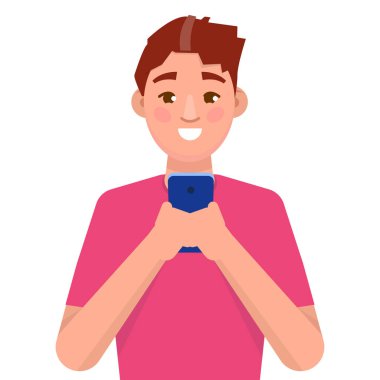 Akıllı telefon kullanan bir adam. Sosyal ağ konsepti. Vektör illüstrasyonu.