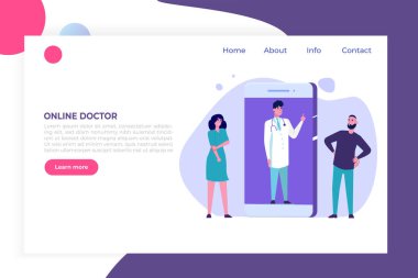  Teletıp ve online doktor konsepti. Vektör İllüstrasyonu.