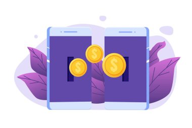 Akıllı telefondan akıllı telefona para transferi. İzometrik vektör illüstrasyonu.