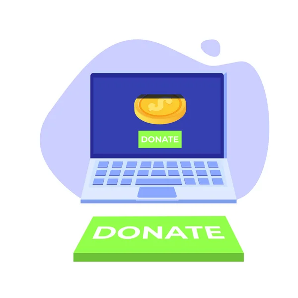 Пожертвовать Онлайн Концепцию Ноутбук Золотыми Монетами Ключом Donate — стоковый вектор