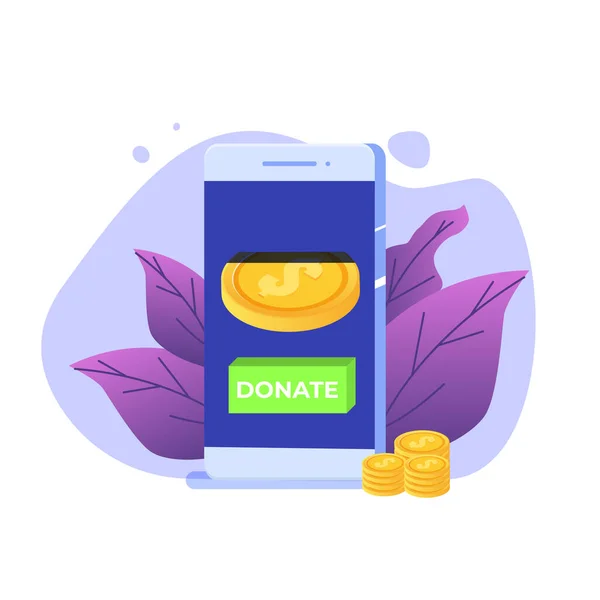 Пожертвовать Онлайн Концепцию Смартфон Золотыми Монетами Ключом Donate — стоковый вектор