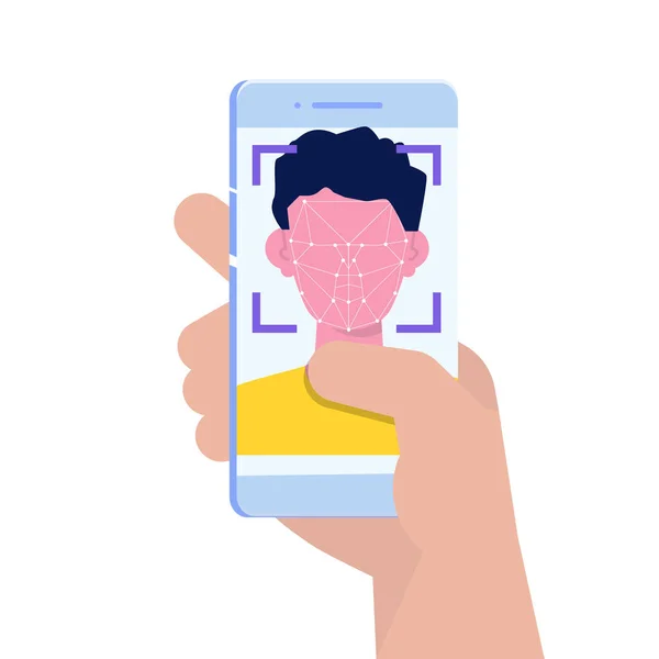 生体認証顔認識システムの概念 スマートフォンを手に ベクターイラスト — ストックベクタ