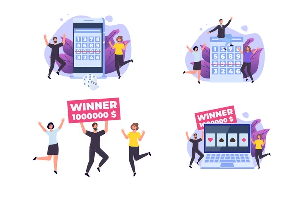 Flat Loterij Bingo Gokken Business Concept Kleine Wijnboeren Vectorillustratie — Stockvector