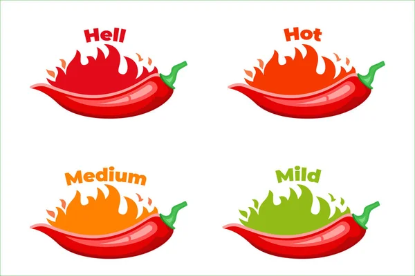 Hot Chilli Rótulos Nível Pimenta Queimando Ícone Pacote Molho Pimenta — Vetor de Stock