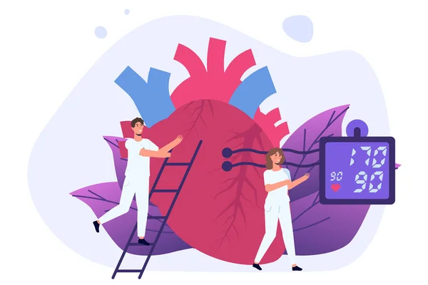 Hypertension Artérielle Hypertension Les Médecins Minuscules Traitent Inspection Vérifient Coeur — Image vectorielle