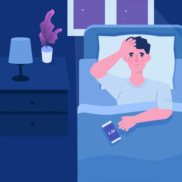 Homme Souffrant Insomnie Épuisante Problèmes Sommeil Homme Essaie Dormir Lit — Image vectorielle