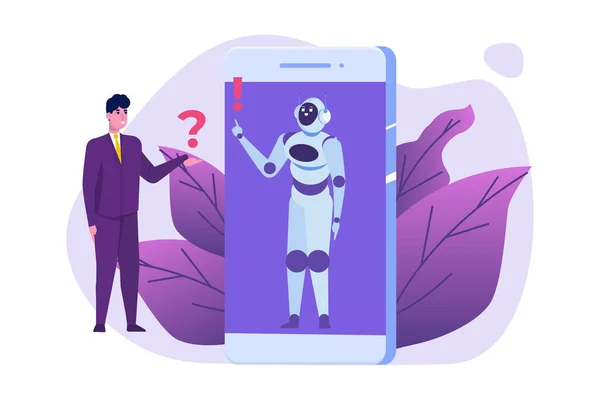 Chatbot Konceptet Mannen Som Pratar Med Roboten Kundtjänst Android Dialog — Stock vektor