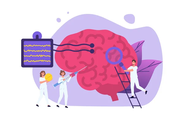 Neurology Diagnostics Neurobiology Concept Vector Illustration Neurologist Tiny Doctors Treat — Stock Vector