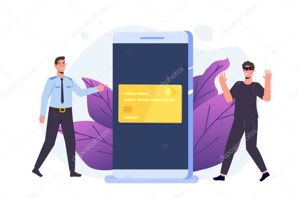 Cyber police, theft and fraud committed, cardholder attack concept.  Policeman arresting a hacker. Stop financial crime. Vector flat style illustration.