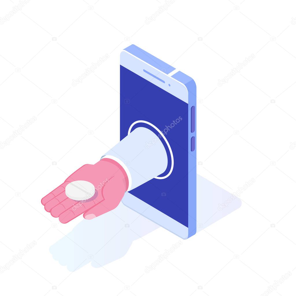 Doctor Hand giving pill of smartphone. Vector isometric illustration