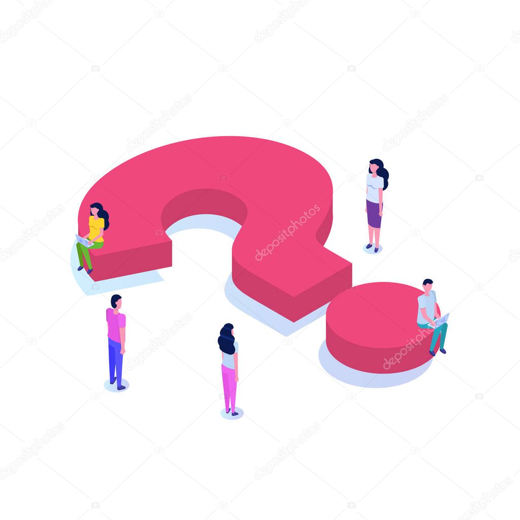 Question isometric icon with character concept .  Social media illustration.