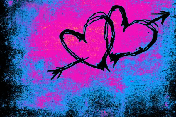 2つの赤い心とグランジサイケデリックな青と紫の壁に描かれた矢印 幸せなバレンタインデー — ストック写真