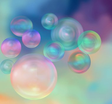 renkli arka planda güzel yanardöner sabun kabarcıklar, 3D render illüstrasyon