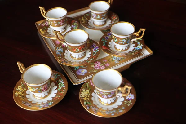 Romantic Antique Coffee Service Biedermaier Style Hand Painted Gold Enamel — Stock Photo, Image