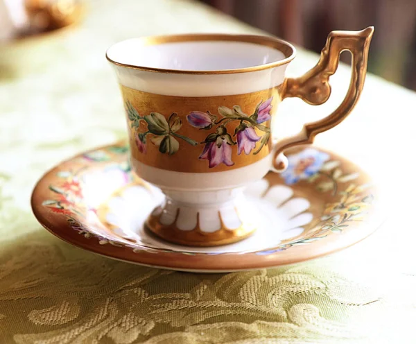 Romantic Antique Coffee Cup Saucer Biedermaier Style Hand Painted Gold — Stock Photo, Image