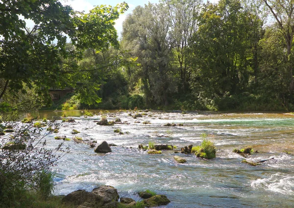 Isarauen Baviera Vista Verano Del Río Isar Aguas Corrientes Cerca — Foto de Stock