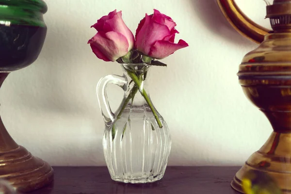 Dvě Růžové Růže Skleněném Džbánku Stále Ještě Živé Interiéry Měkké — Stock fotografie
